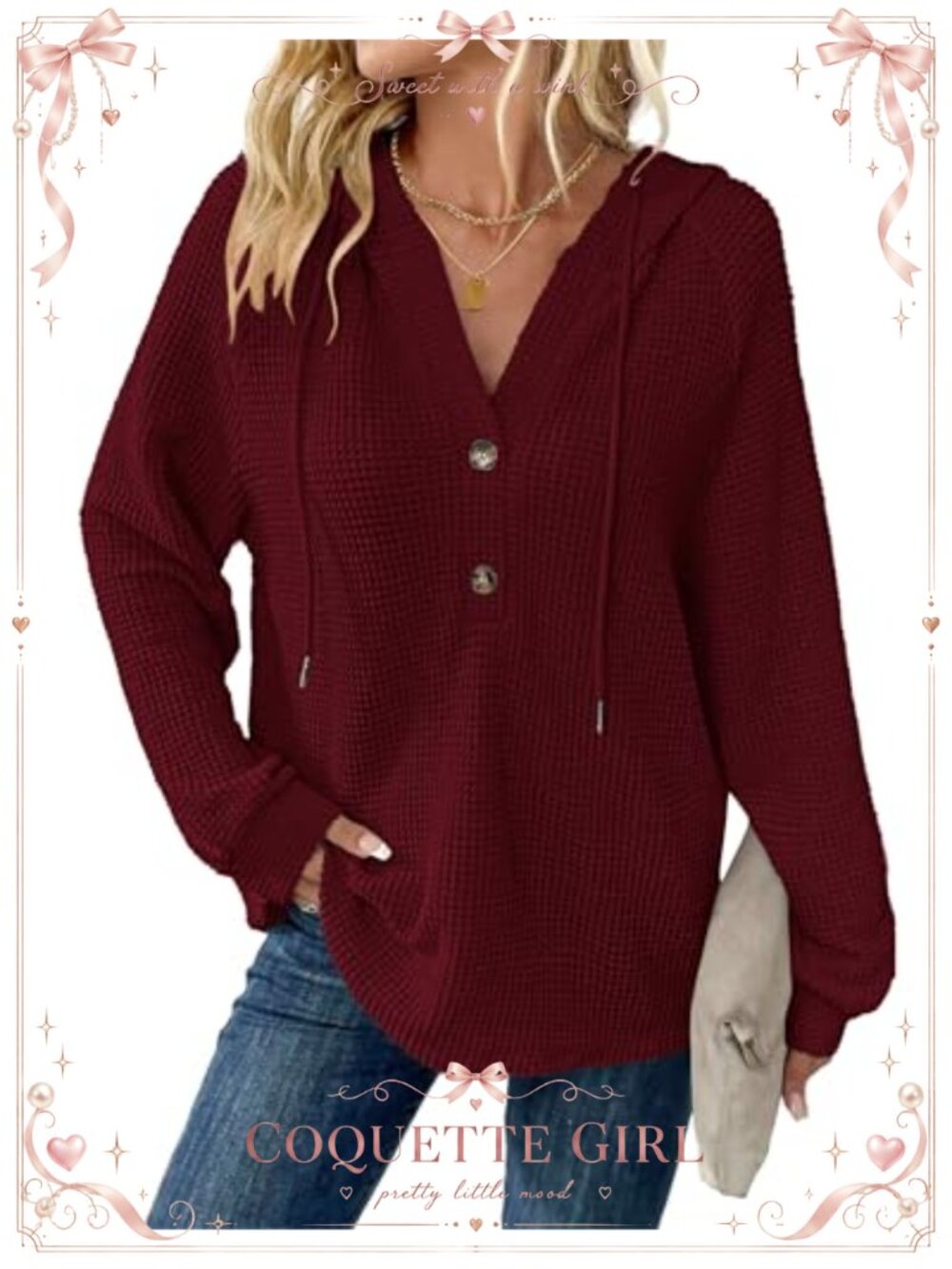 Waffle Knit Hoodie Womens Oversized V Neck Button Long Sleeve Sweatshirt
